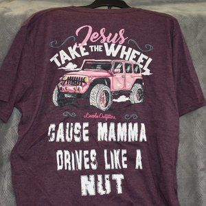 NWOT Purple T-shirt Jeep, Jesus Take Wheel Size L